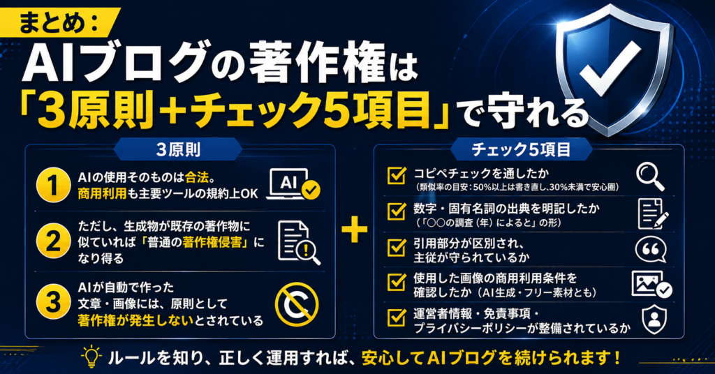 まとめ:AIブログの著作権は「3原則+チェック5項目」で守れる