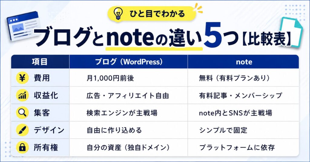 ブログとnoteの違い5つ【比較表】