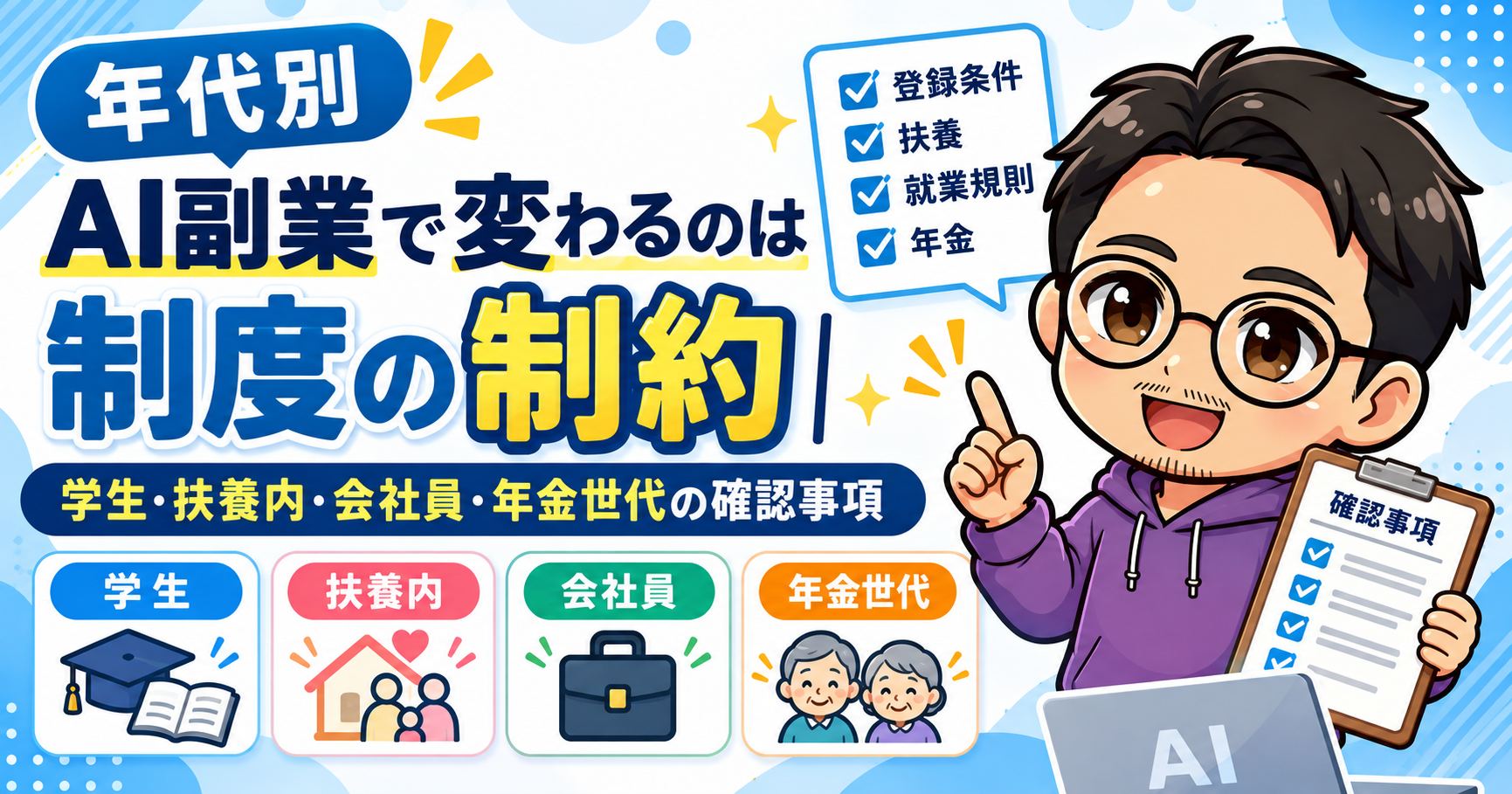 【年代別】AI副業で変わるのは制度の制約|学生・扶養内・会社員・年金世代の確認事項