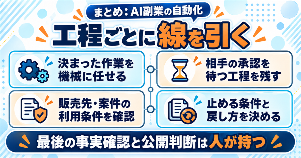 まとめ:AI副業の自動化は工程ごとに線を引く