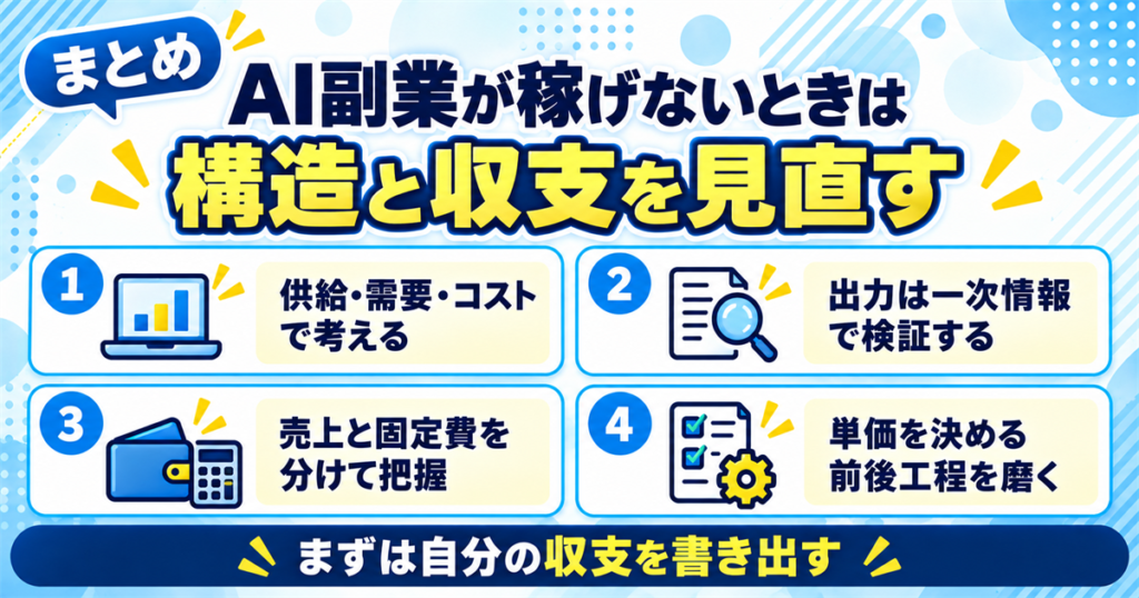 まとめ:AI副業が稼げないときは構造と収支を見直す