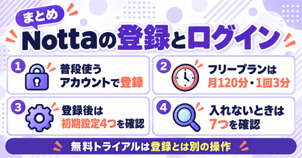 まとめ|Nottaの登録は普段のアカウントで始めてログインの仕組みを押さえる