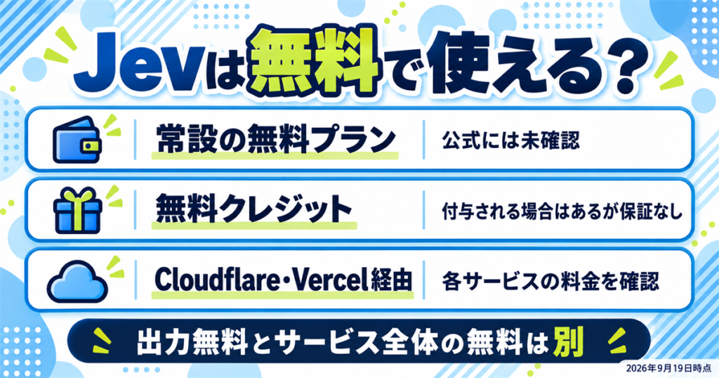 Jevは無料で使える?無料プラン・クレジット・Cloudflare経由を分けて整理